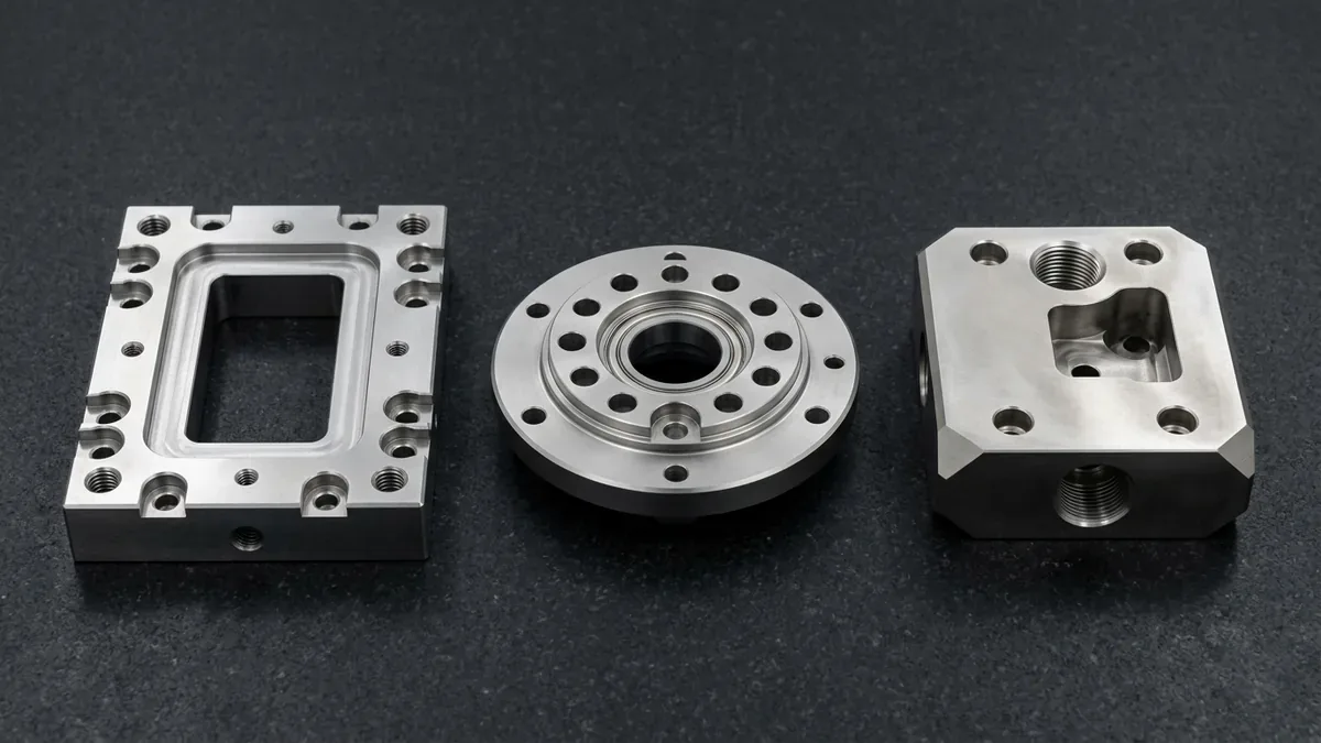 Three CNC-machined steel components in hardened D2 tool steel, 4140 alloy steel, and 17-4PH stainless steel