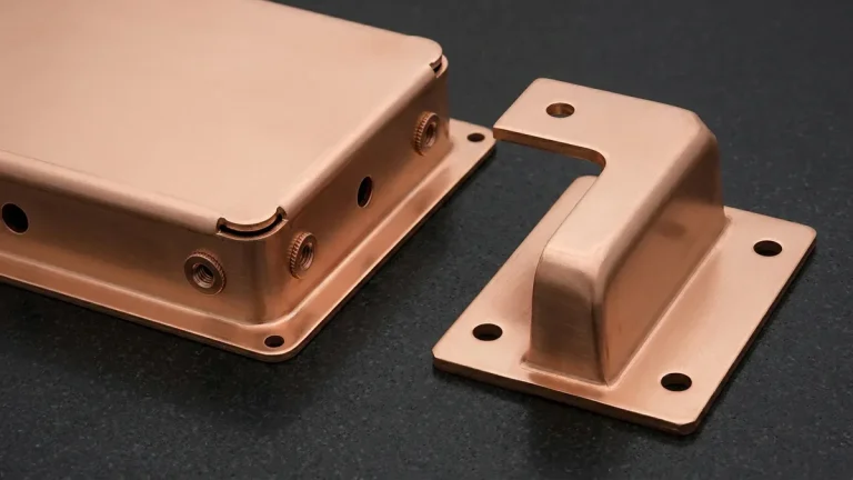Two formed C11000 pure copper sheet metal components including a 2.0mm shielding chassis and 4.0mm busbar