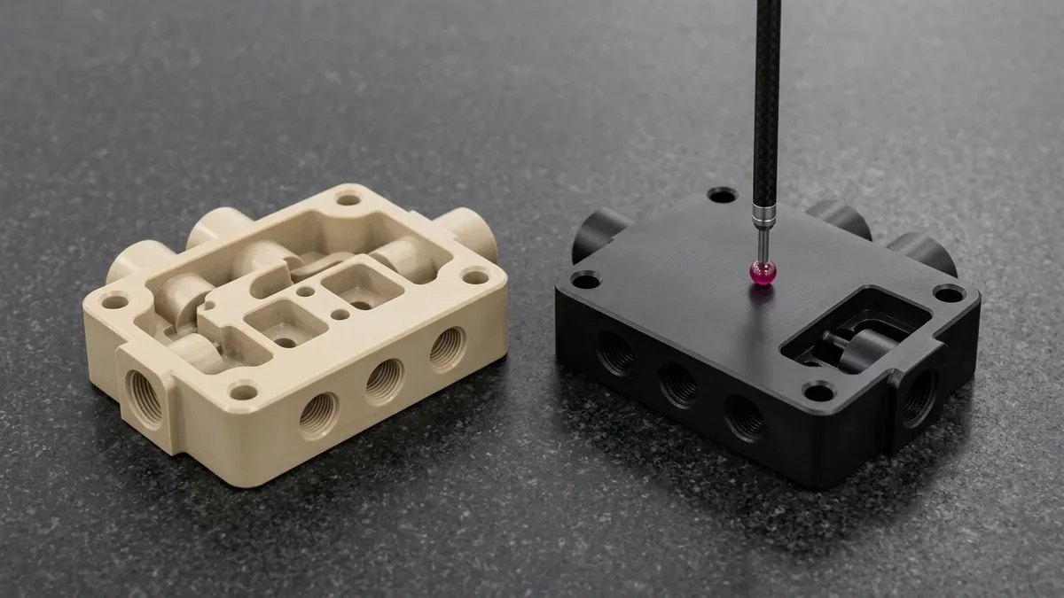 Two stress-relieved CNC-machined polymer valve manifolds in natural beige PEEK and matte-black POM-C acetal
