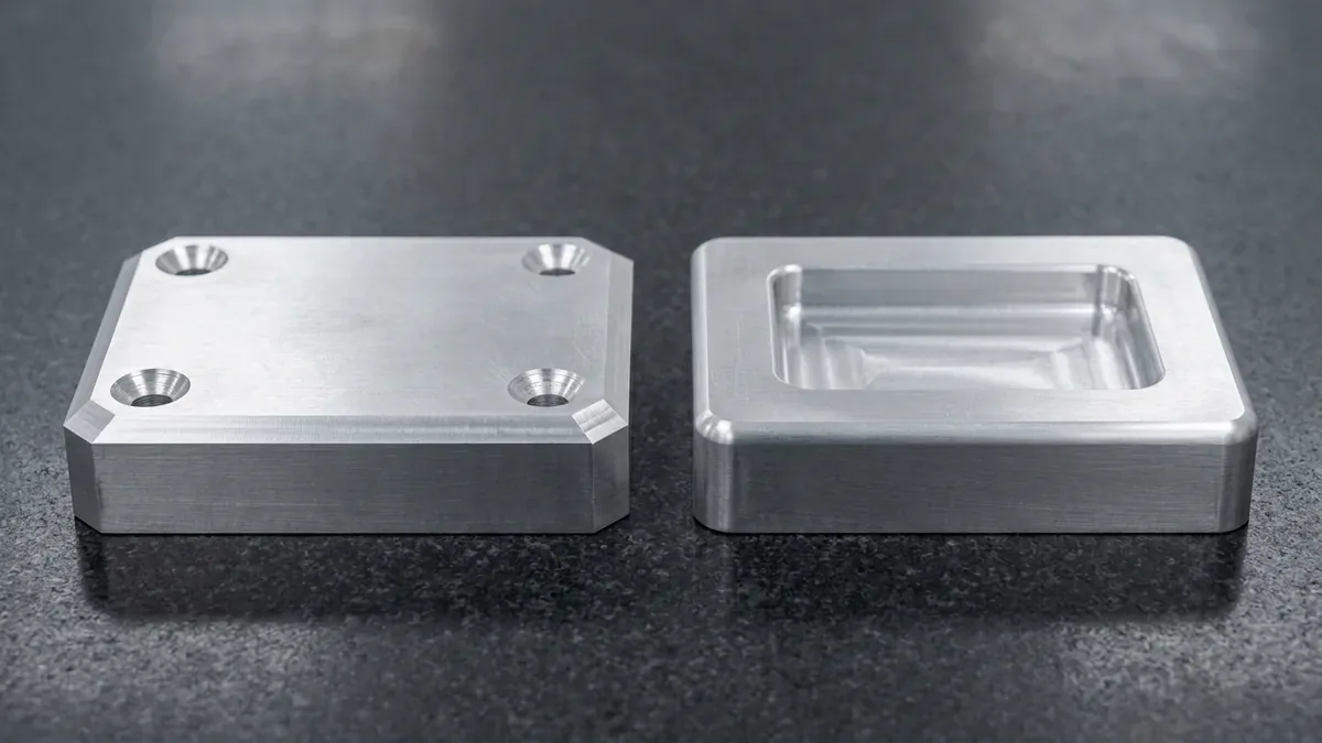 Two 3-axis CNC-machined 6061-T6 aluminum sample blocks comparing 45-degree beveled chamfers and R3.0mm rounded fillets