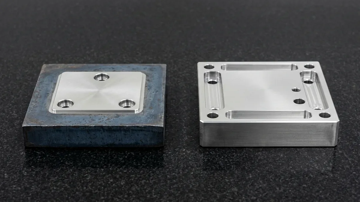 Hot-rolled structural steel plate with dark mill-scale edge beside a bright CNC-machined cold-rolled steel block