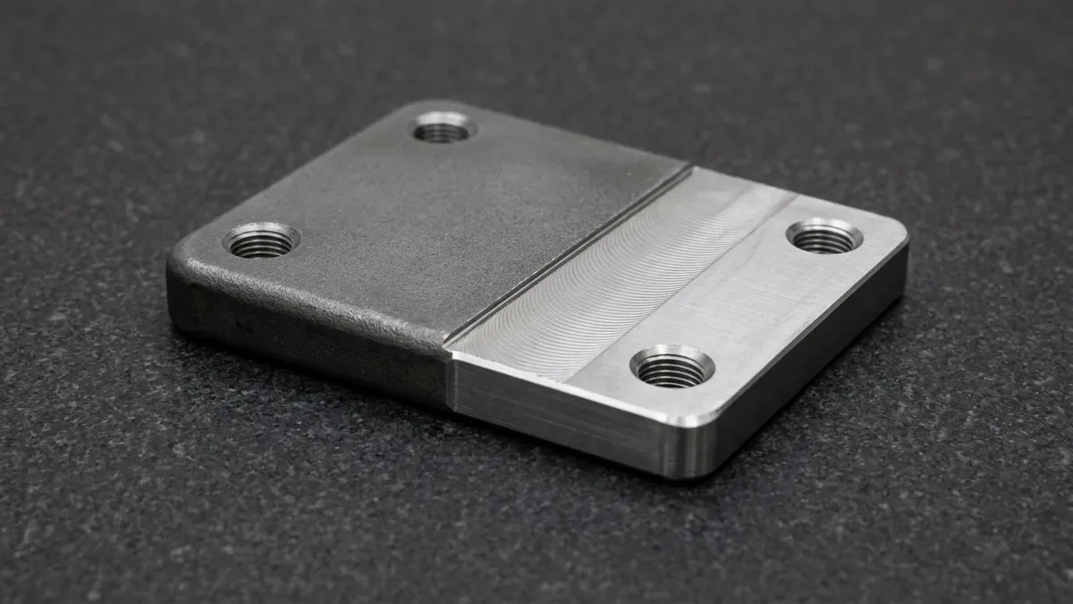 CNC face-milled A36 hot-rolled structural steel baseplate comparing dark mill-scale skin and bright flycut datum surface