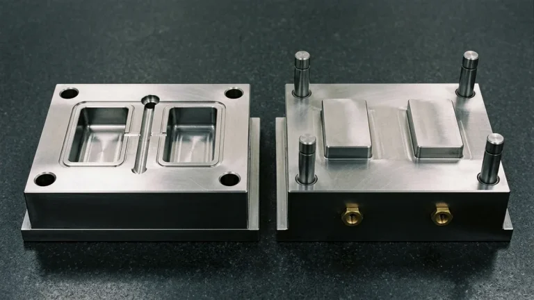 Hardened H13 tool steel two-cavity injection mold core and cavity halves with enclosed cold runner groove
