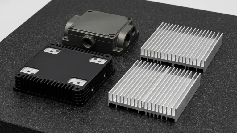 Black anodized, hardcoat grey and clear anodized 6061 aluminum enclosures and finned heatsinks