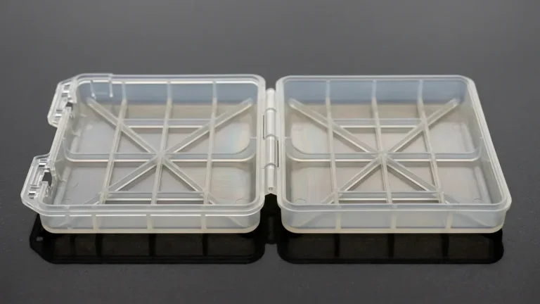 Precision injection molded polypropylene component featuring an integrated flexible living hinge