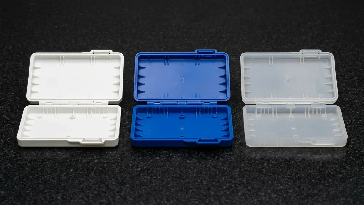 Three injection-molded polypropylene copolymer clamshell enclosures in white, blue, and natural finishes with 0.35mm living hinges