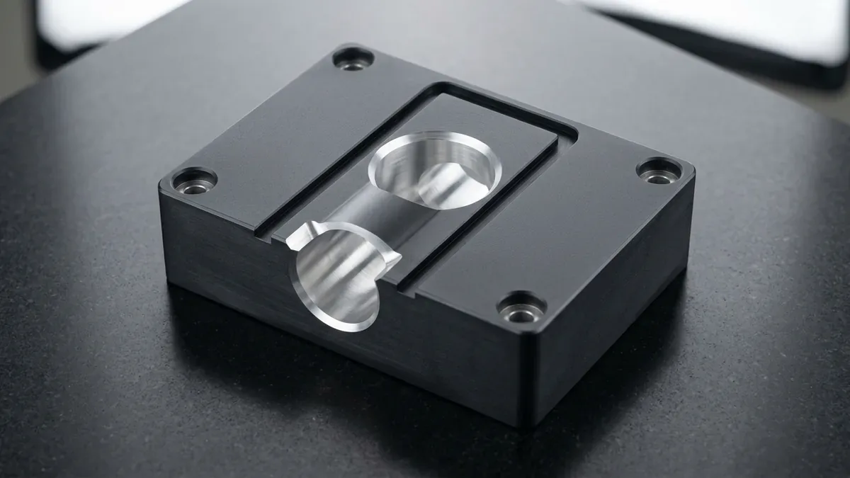 Hard-anodized 6061-T6 aluminum actuator valve block with a precision-honed central cylindrical bore and chamfered ports