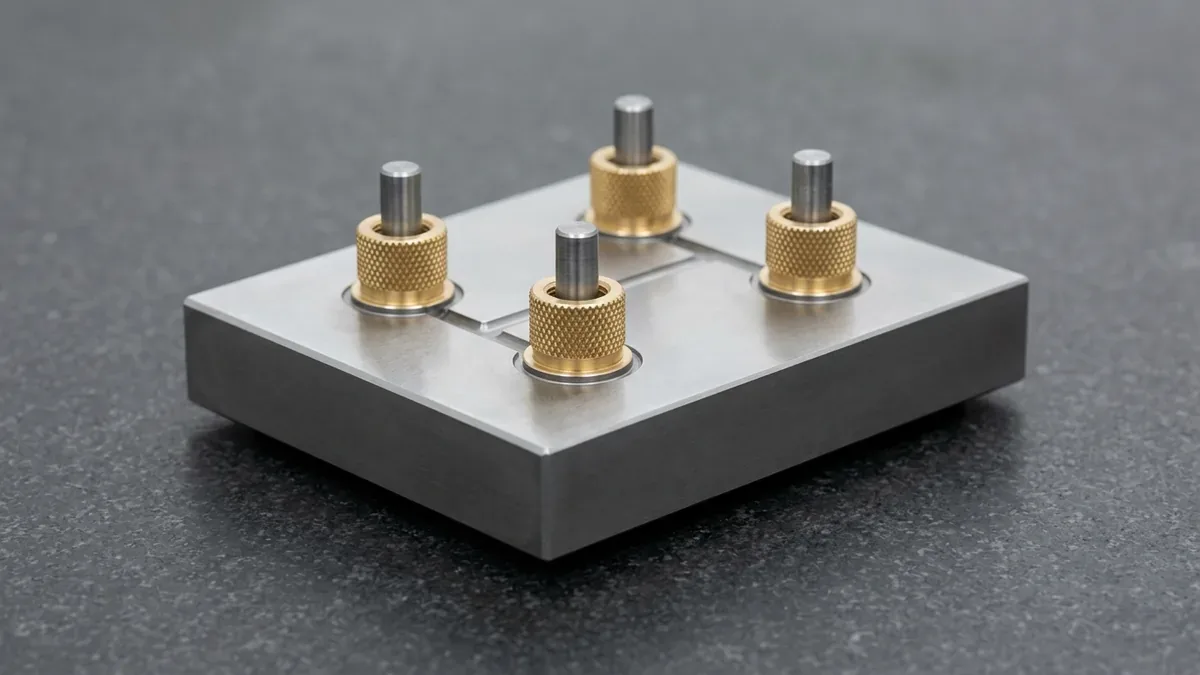 Polished tool steel injection mold core insert block holding four diamond-knurled C36000 brass threaded bushings