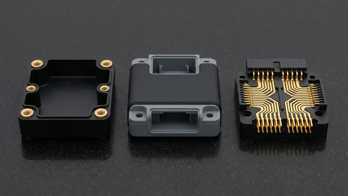Insert-molded glass-filled nylon sensor housing with brass inserts beside a two-shot TPE overmolded PC/ABS enclosure