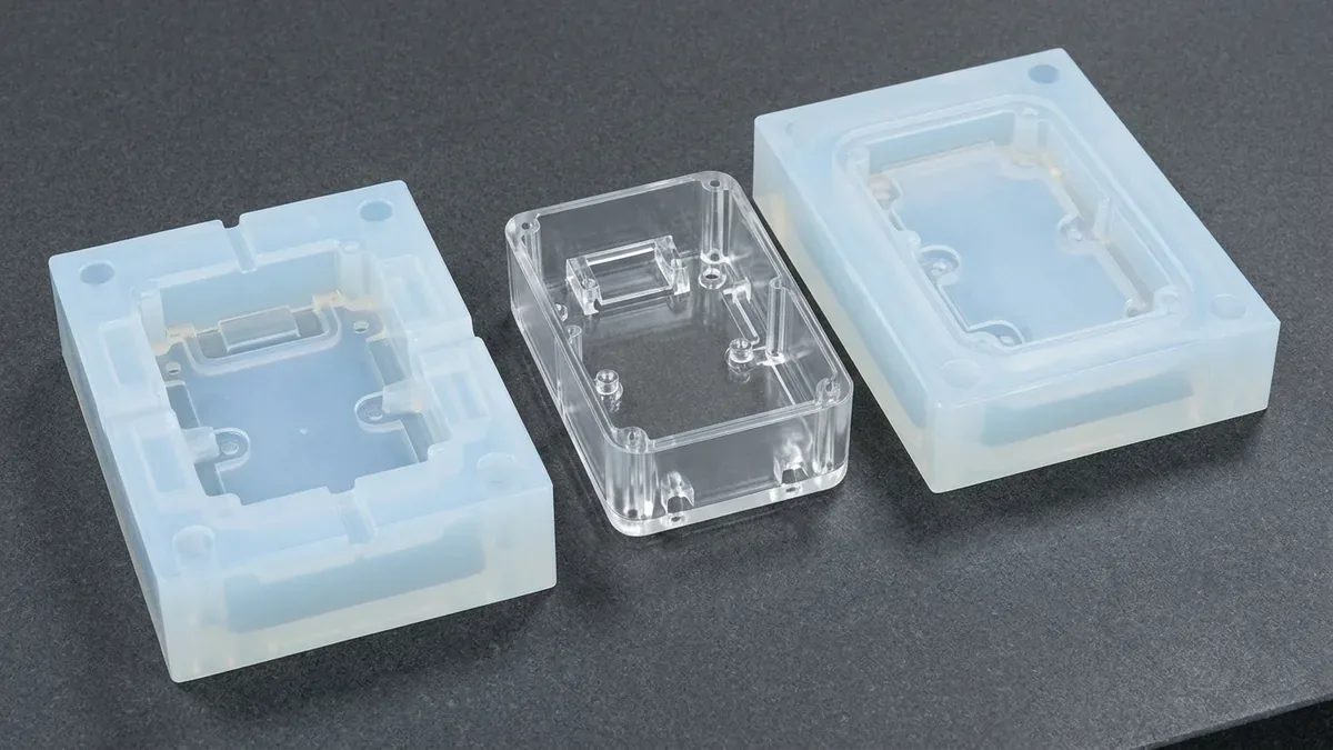 Polyurethane Vacuum Casting Flexible Silicone Mold Opened on Clean Workbench Displaying Demolded Clear Prototype Enclosure