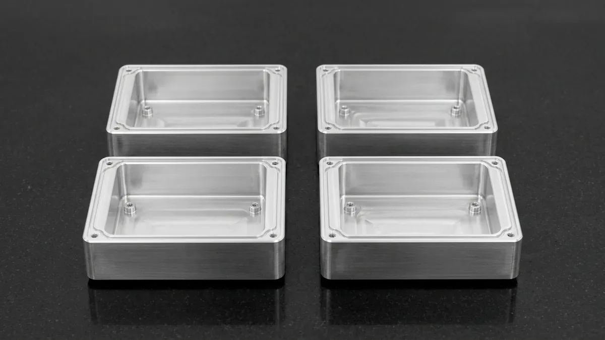 Four identical precision CNC-machined 6061-T6 aluminum electronic enclosures with 2.5mm walls and R4mm radii