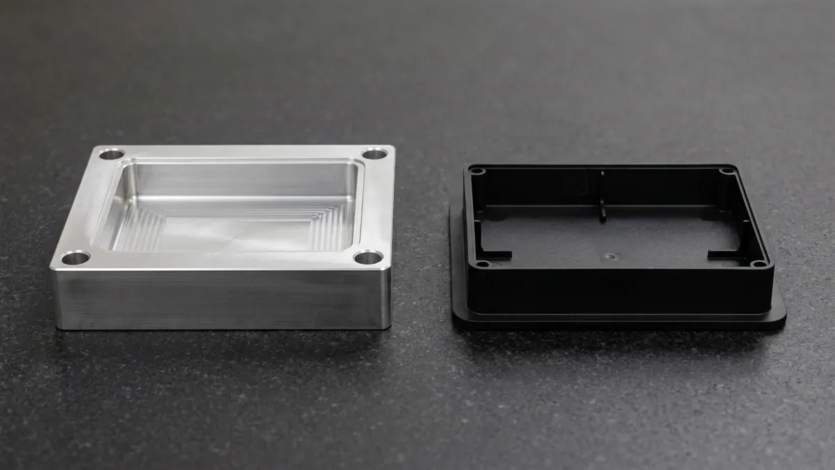 CNC-machined 7075-T6 aluminum rapid injection mold cavity insert beside a molded black glass-filled nylon enclosure