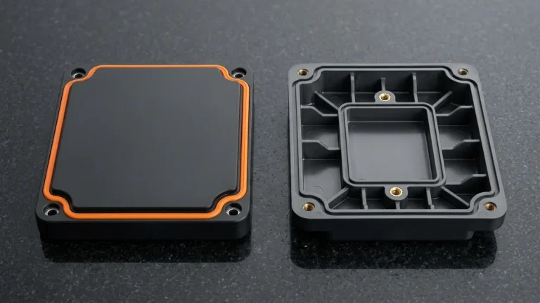 Two-shot overmolded industrial sensor housing half-shells with matte-black polymer substrate and safety-orange TPE elastomer