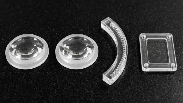 Four injection-molded water-clear optical PMMA components including aspheric condenser lenses and light guide