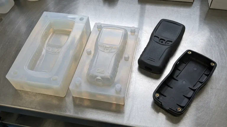 Parted RTV silicone vacuum casting mold beside cast black polyurethane instrument enclosures with cored walls and brass inserts