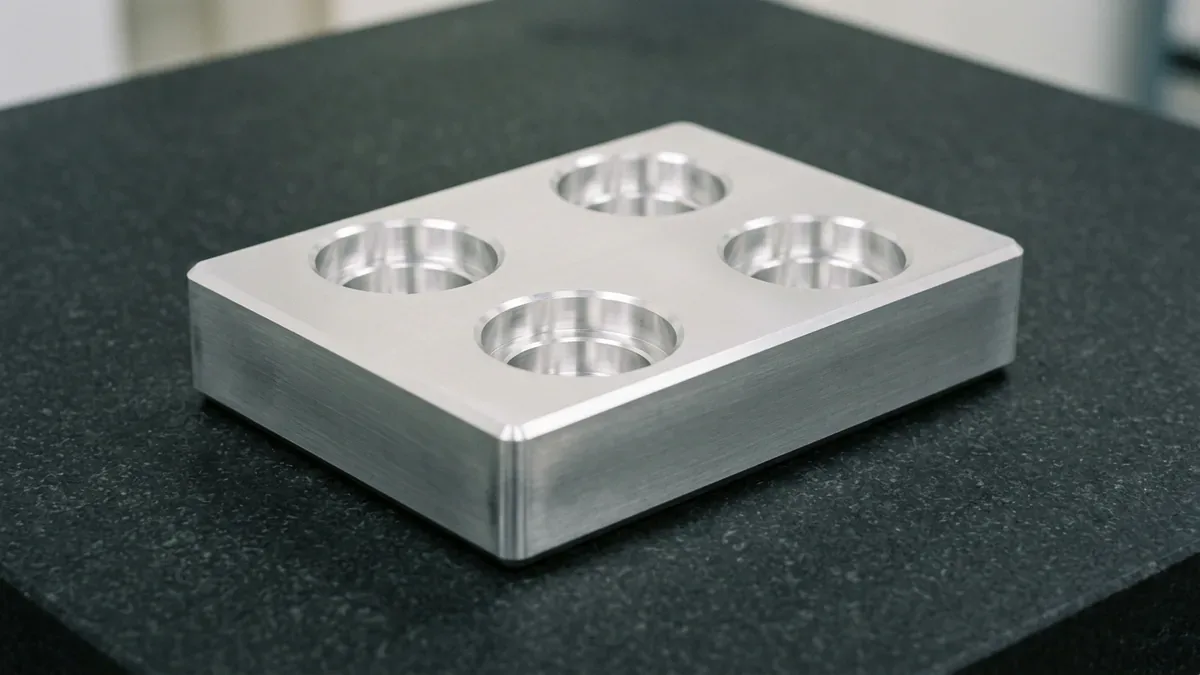 3-axis CNC-machined billet aluminum fluidic manifold block with stepped counterbored valve cavities