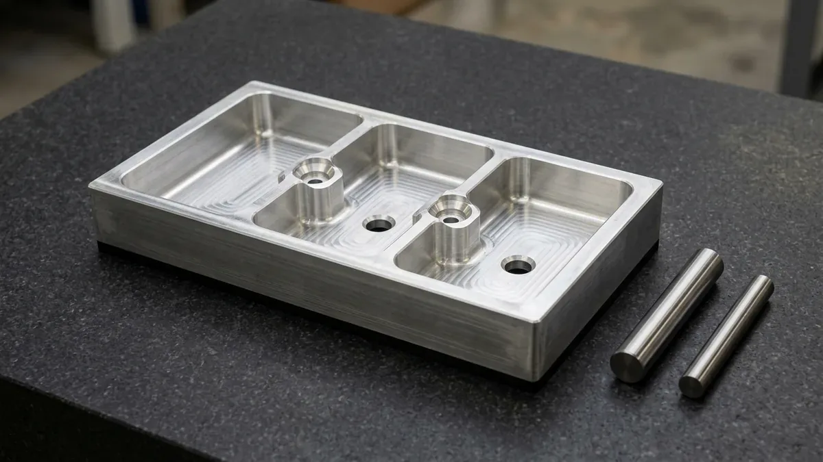3-axis CNC-machined 6061-T6 aluminum multi-pocket housing with R5mm corner radii and counterbored holes