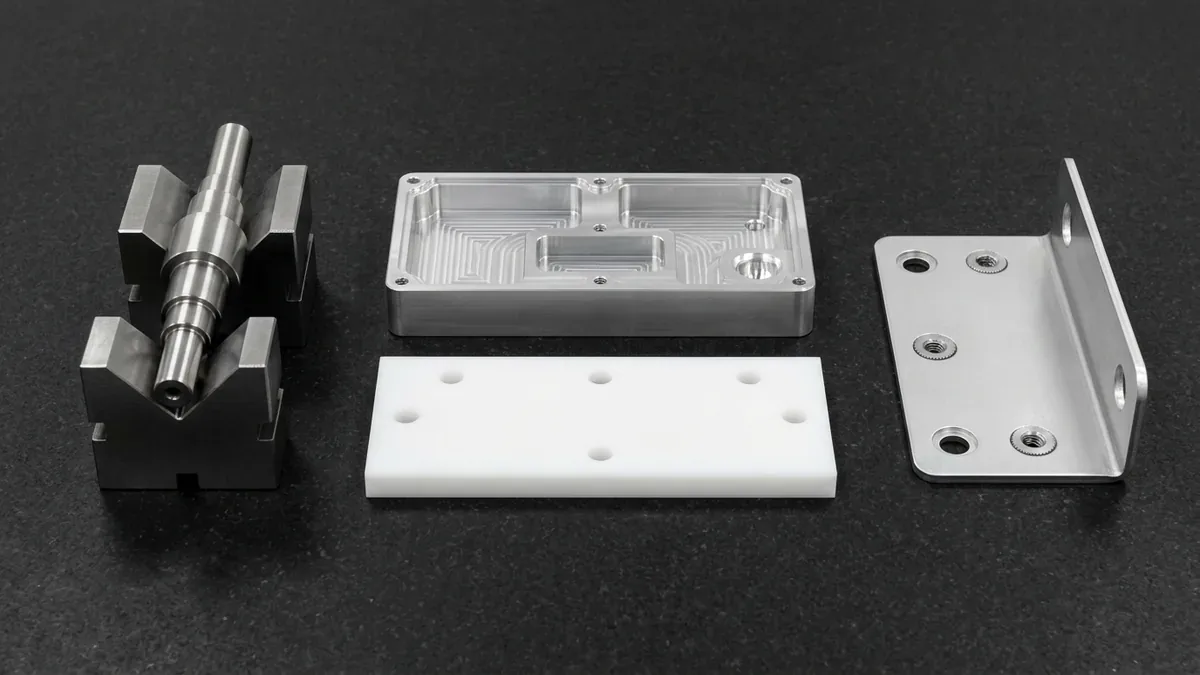 CNC turned 316L shaft on V-blocks with 6061 aluminum enclosure and other precision prototype parts