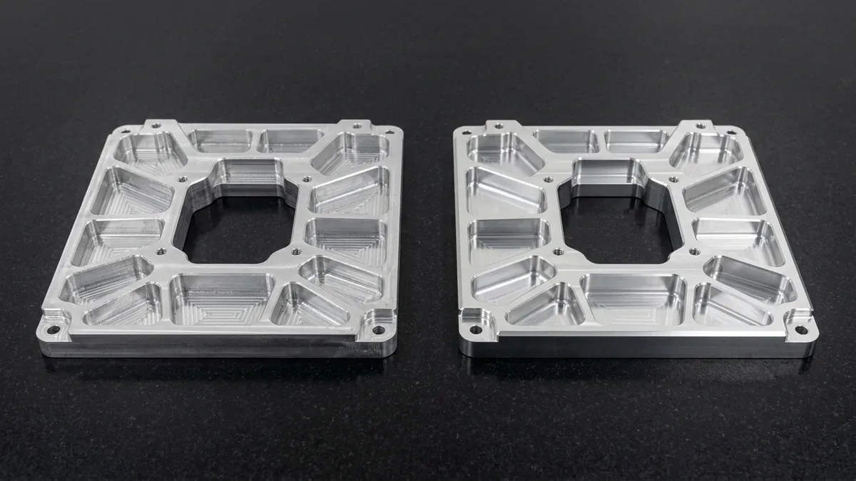 Semi-finished rough-pocketed and finish-machined 6061-T6 aluminum structural frames after thermal stress relief