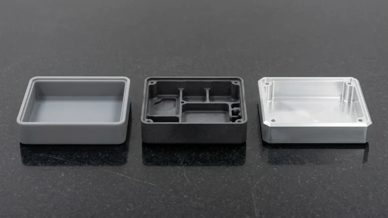 Multi-process product design prototype evolution across grey SLA resin, charcoal MJF PA12 nylon, and CNC 6061-T6 aluminum