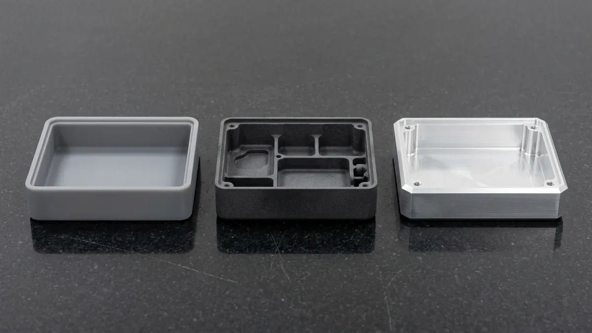 Multi-process product design prototype evolution across grey SLA resin, charcoal MJF PA12 nylon, and CNC 6061-T6 aluminum