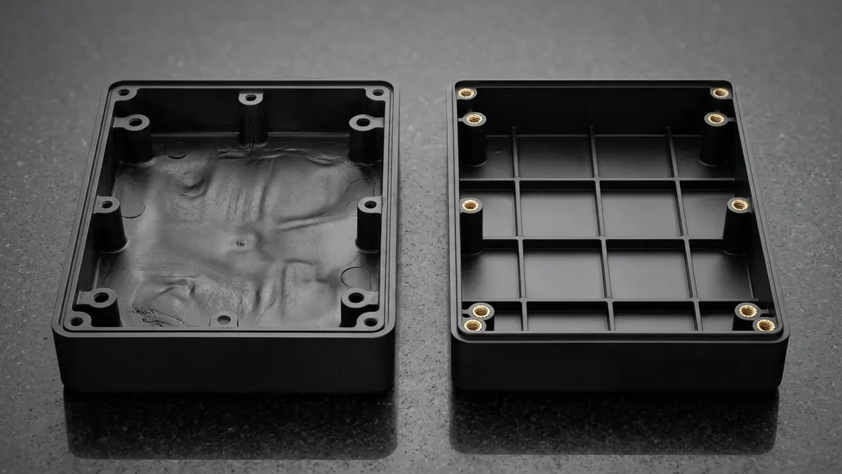 Two sectioned matte-black PC-ABS injection-molded electronic enclosures comparing thick-boss sink marks and uniform 2.0mm cored walls
