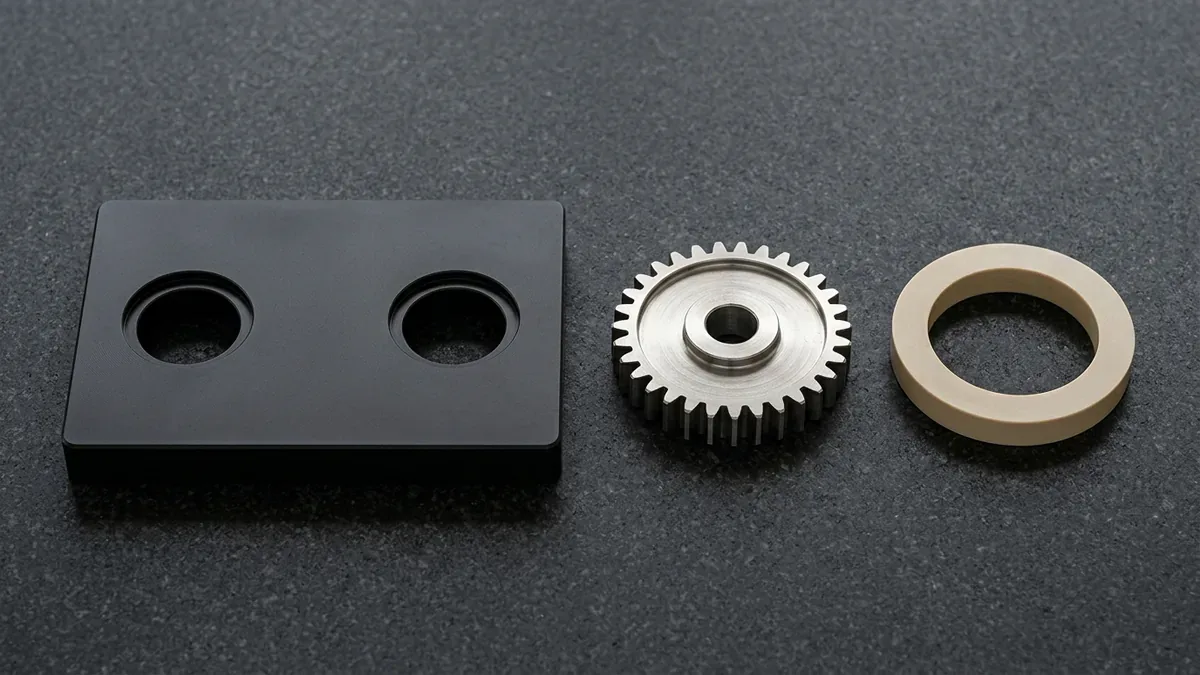 CNC-machined black-anodized aluminum gearbox housing beside a stainless steel spur gear and PEEK bearing ring