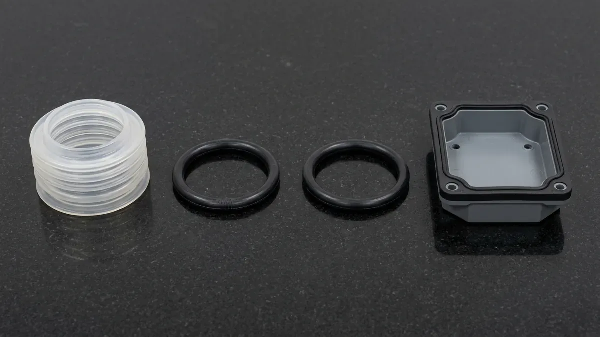 Four molded elastomer components including translucent silicone bellows, fluoroelastomer O-rings, and TPE overmolded PC/ABS housing