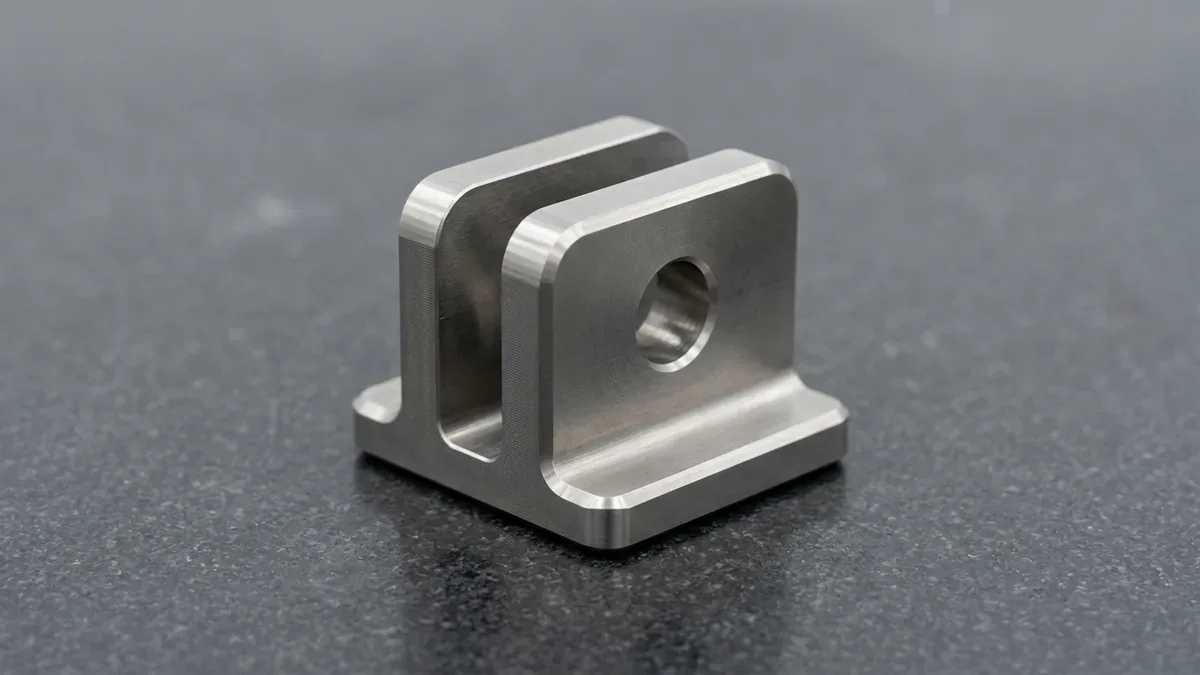 CNC-machined Ti-6Al-4V titanium clevis bracket with two parallel side-milled vertical mounting ears and reamed bore