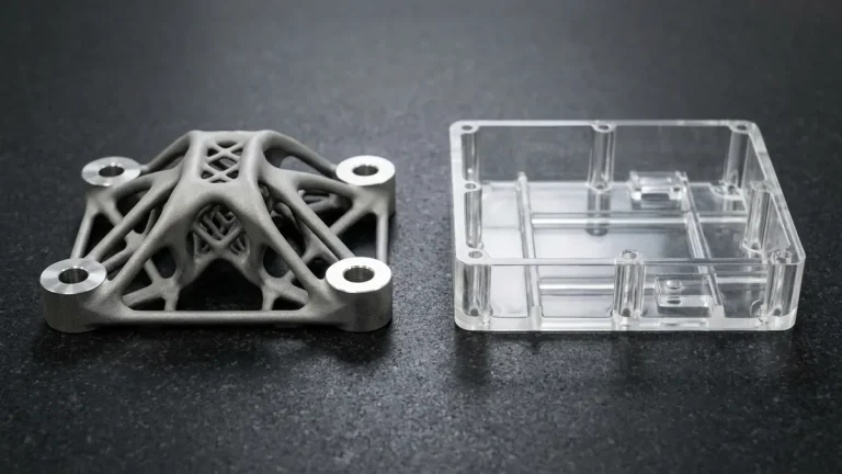SLM Ti-6Al-4V topology-optimized bracket beside clear SLA photopolymer enclosure with uniform 2.0mm walls