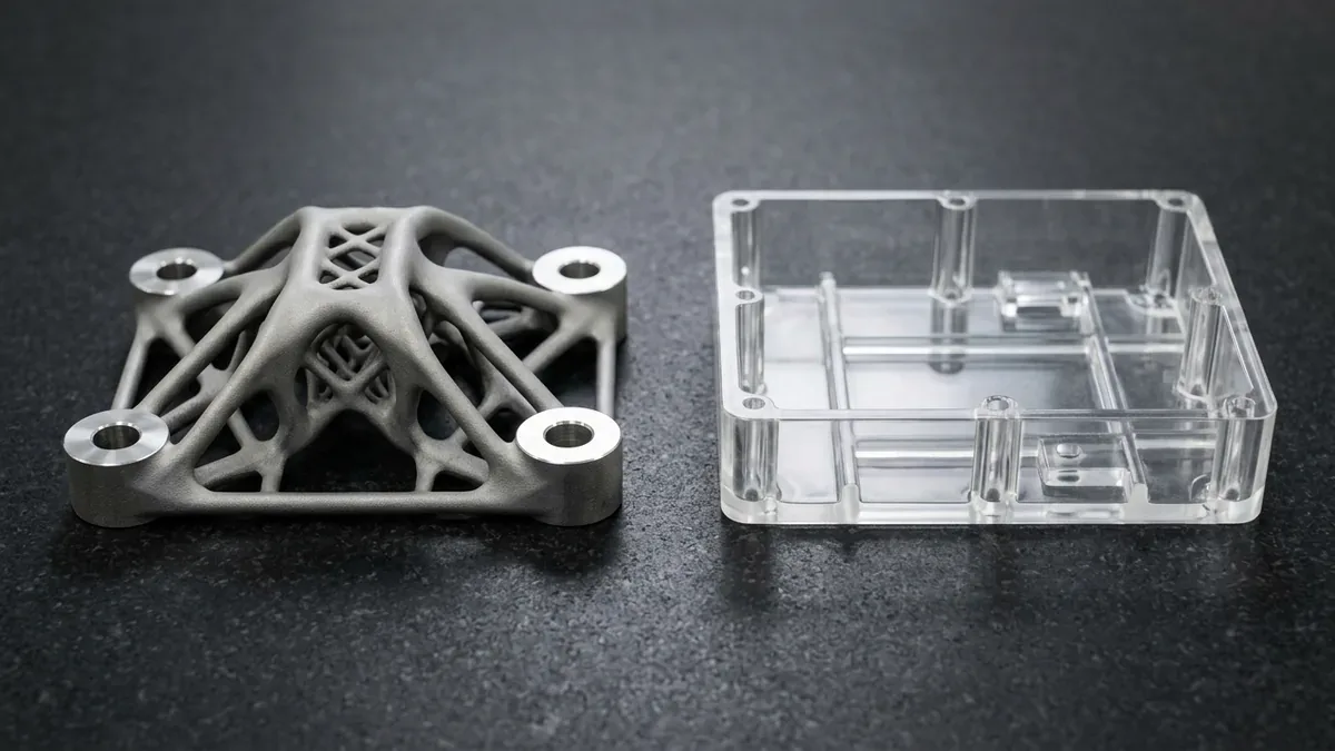 SLM Ti-6Al-4V topology-optimized bracket beside clear SLA photopolymer enclosure with uniform 2.0mm walls