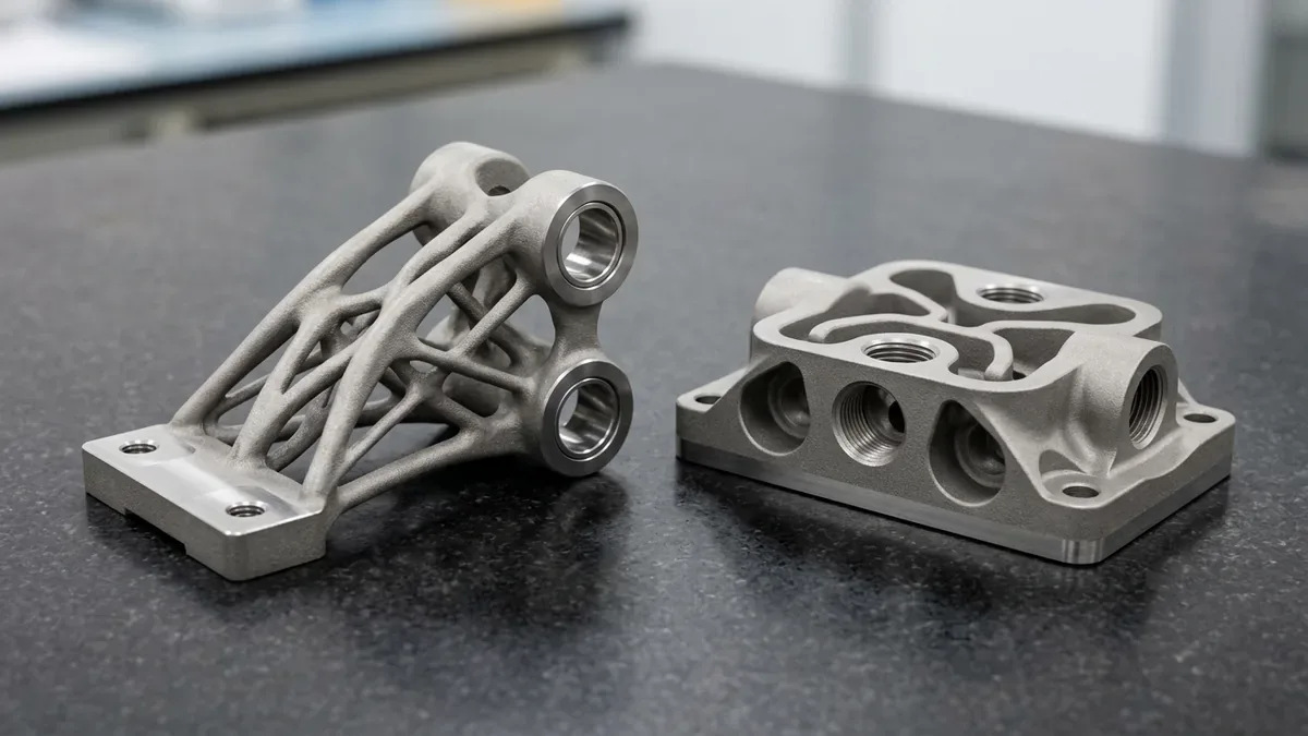 Two finished DMLS 3D-printed Ti-6Al-4V titanium aerospace actuator bracket and manifold components