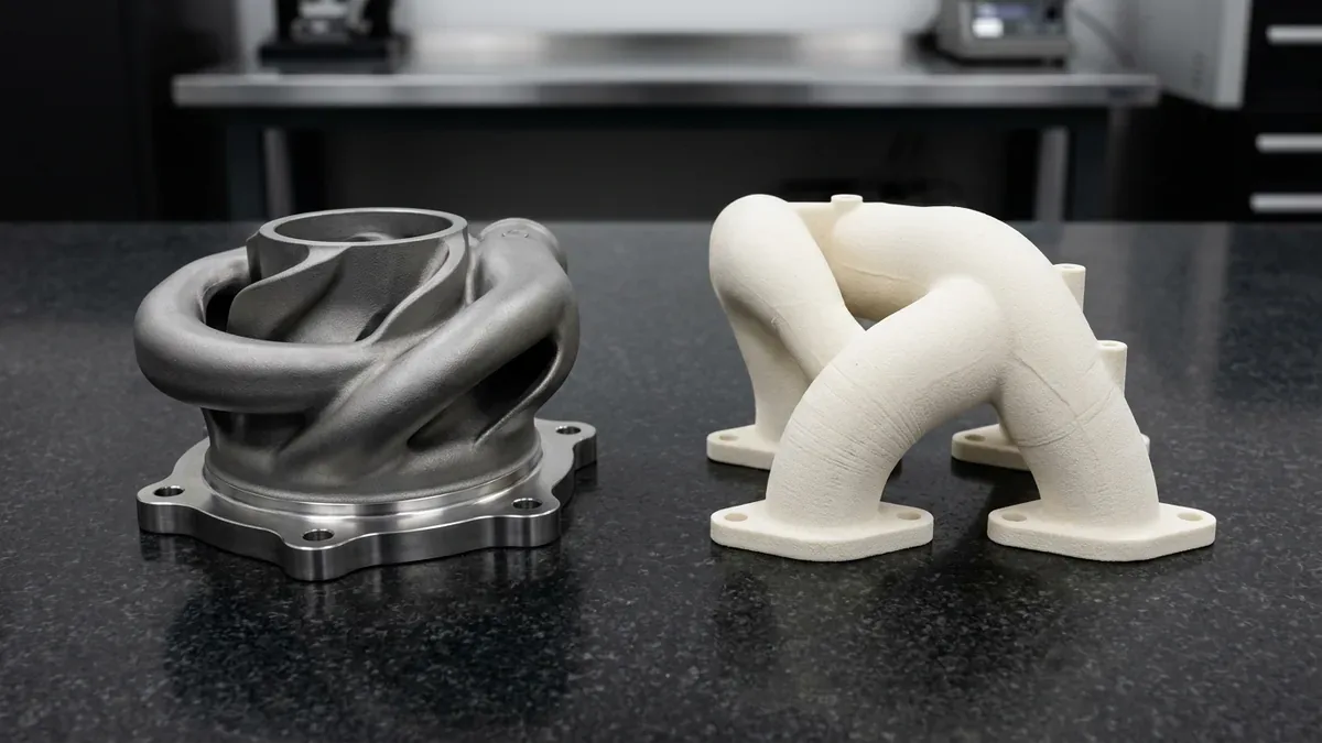 SLM 3D-printed metal fluid manifold with CNC-machined base flange beside a natural off-white SLS PA12 nylon branched manifold on black granite