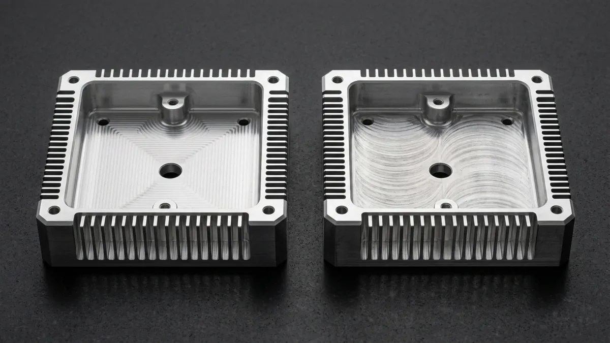 Two CNC-machined 6061-T6 aluminum heat-dissipation enclosures comparing high-spindle-speed satin finish and conventional feed swirls