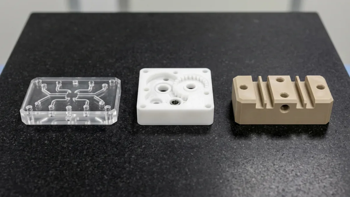 Three CNC-machined engineering plastic parts in optical-clear PMMA acrylic, white POM-C acetal, and beige PEEK