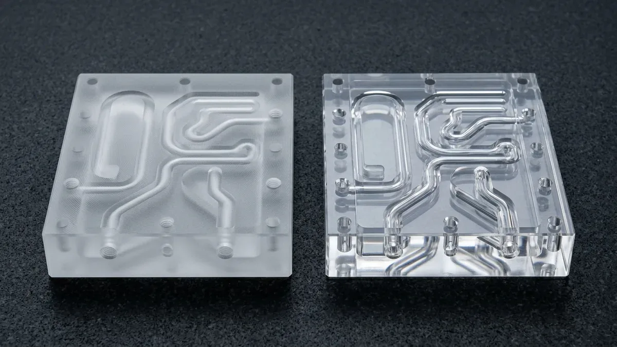Two 3-axis CNC-machined polycarbonate fluidic manifold housings comparing as-machined frosted and vapor-polished optical clarity