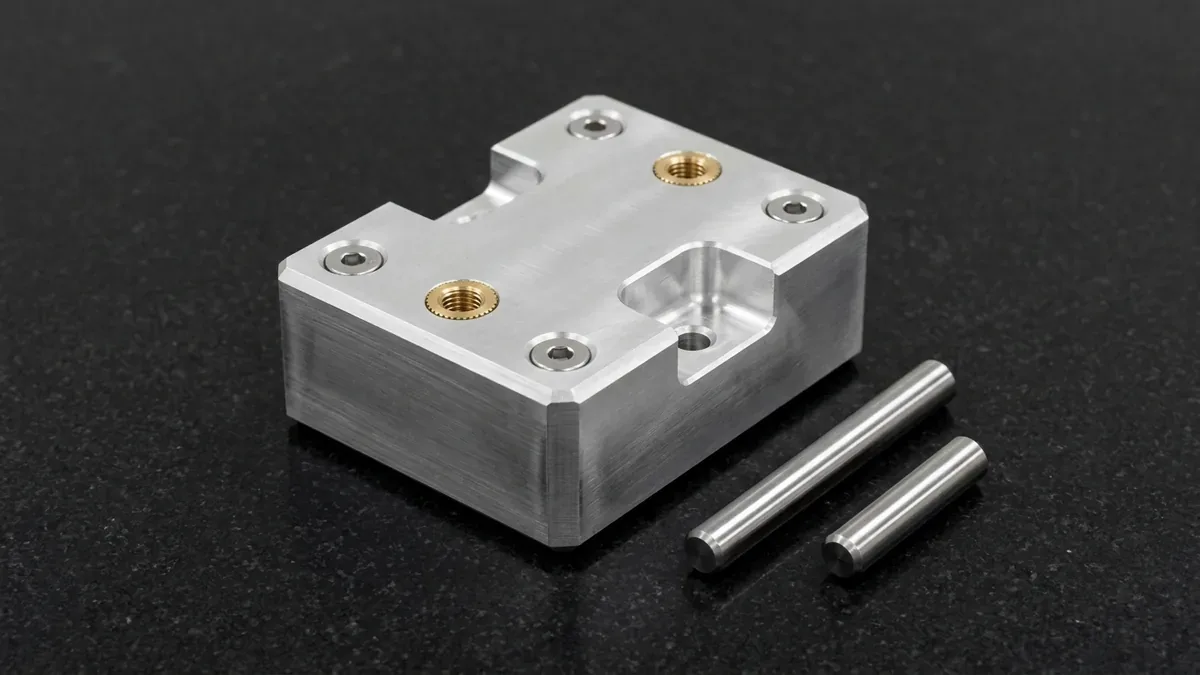 3-axis CNC-milled 6061-T6 aluminum mechanical assembly block with counterbored screw seats and knurled brass inserts