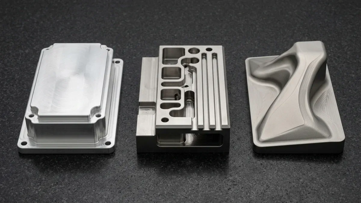 Three CNC-milled components in 6061-T6 aluminum, 316L stainless steel, and Ti-6Al-4V titanium showcasing major milling operations