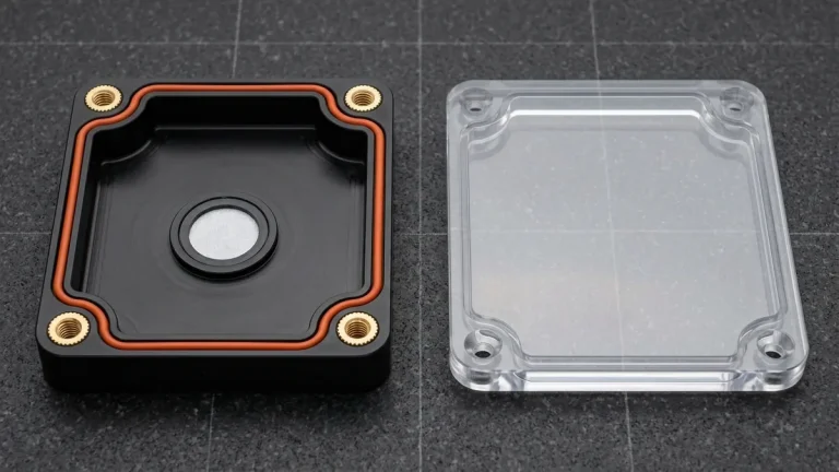 CNC machined black Delrin waterproof enclosure with orange O-ring, brass inserts and clear polycarbonate lid