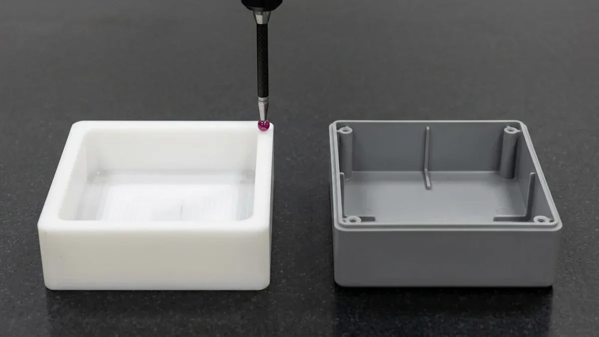 CMM ruby probe checking machined POM-C prototype enclosure beside injection molded grey PC/ABS production housing