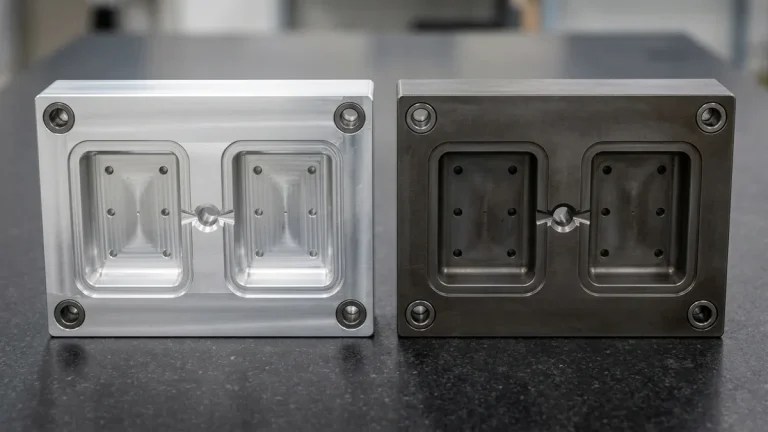 Side-by-side comparison of a bright 7075-T651 aluminum rapid mold cavity block and a dark hardened H13 steel cavity block