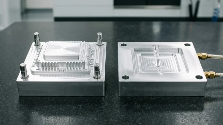 Matched CNC-machined 7075-T651 aluminum rapid tooling core and cavity blocks with brass cooling fittings on black granite