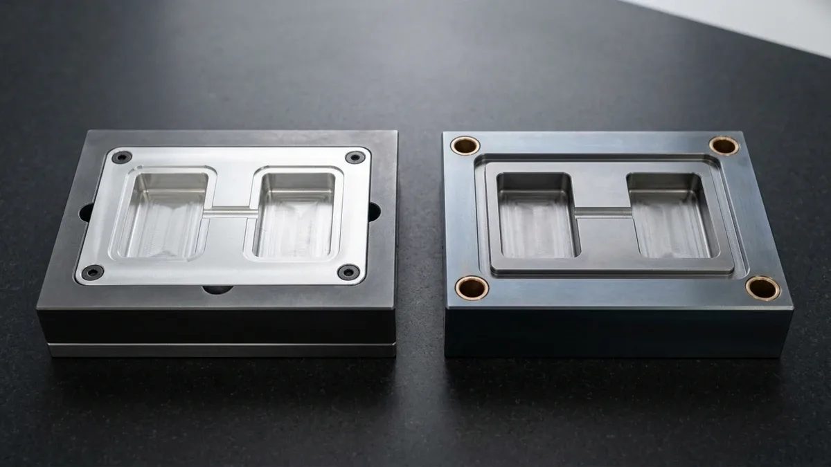 Four identical electronic sensor housings comparing SLA resin, CNC aluminum, 7075 bridge molding, and H13 mass-production molding