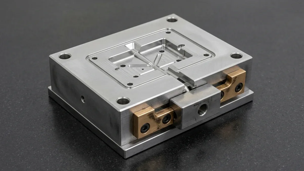 Precision tool steel injection mold cavity block with mechanical side-action undercut slider and bronze wear gibs on granite