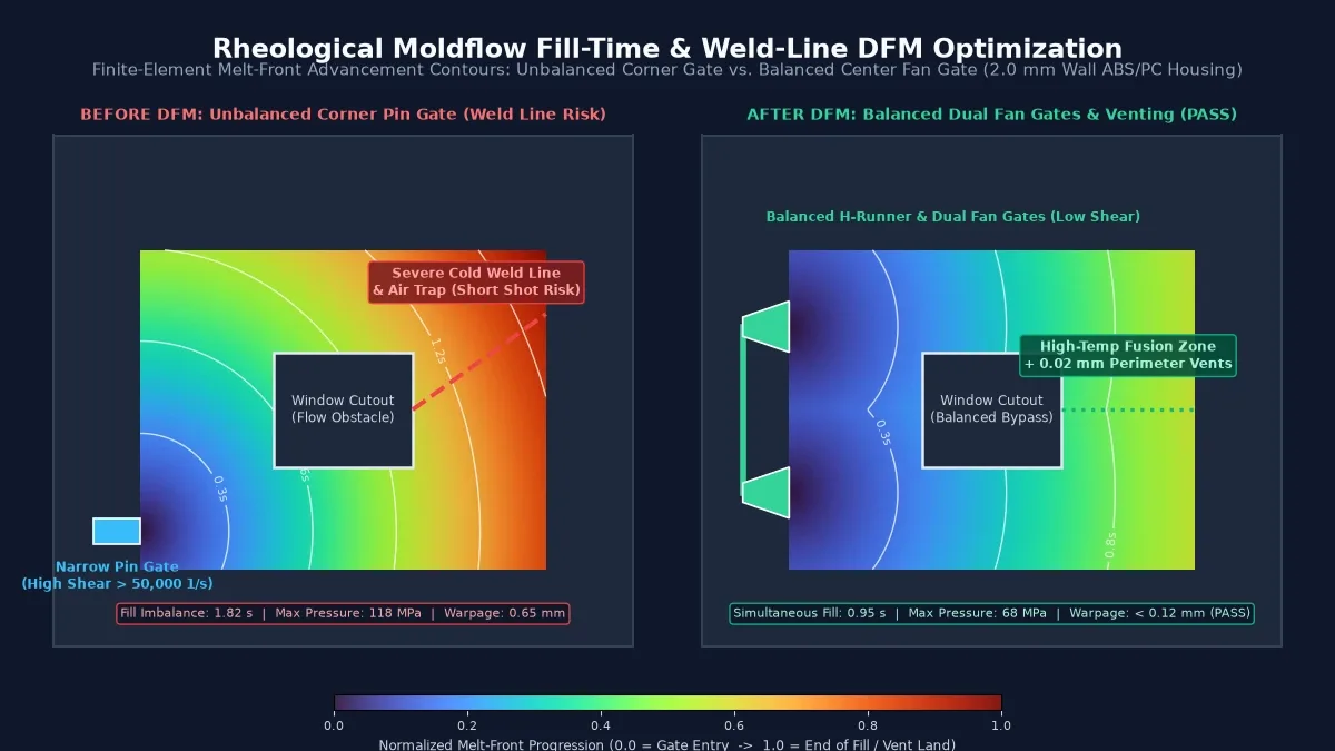 Rheological Moldflow fill-time and weld-line DFM optimization chart comparing unbalanced corner pin gate against balanced dual fan gates