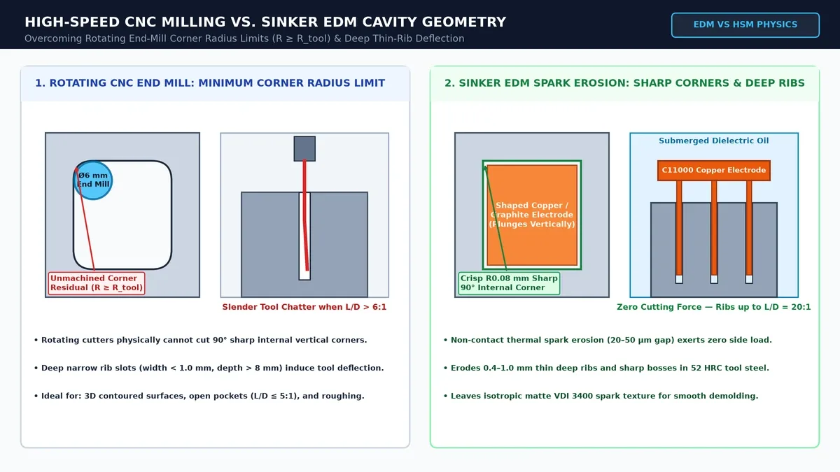 Engineering diagram comparing rotating CNC end-mill corner radius limits against Sinker EDM sharp internal corners and deep ribs