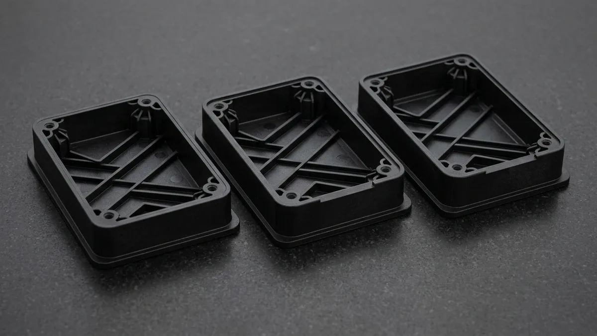 Three T1 sample injection-molded matte-black glass-filled nylon electronic enclosures with uniform ribs and cored bosses on granite