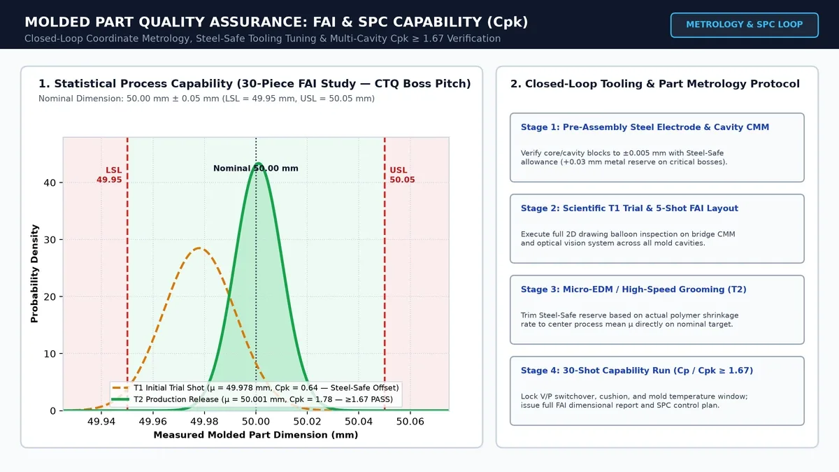 Statistical process capability Cpk chart comparing T1 steel-safe trial distribution against centered T2 production release Cpk 1.78