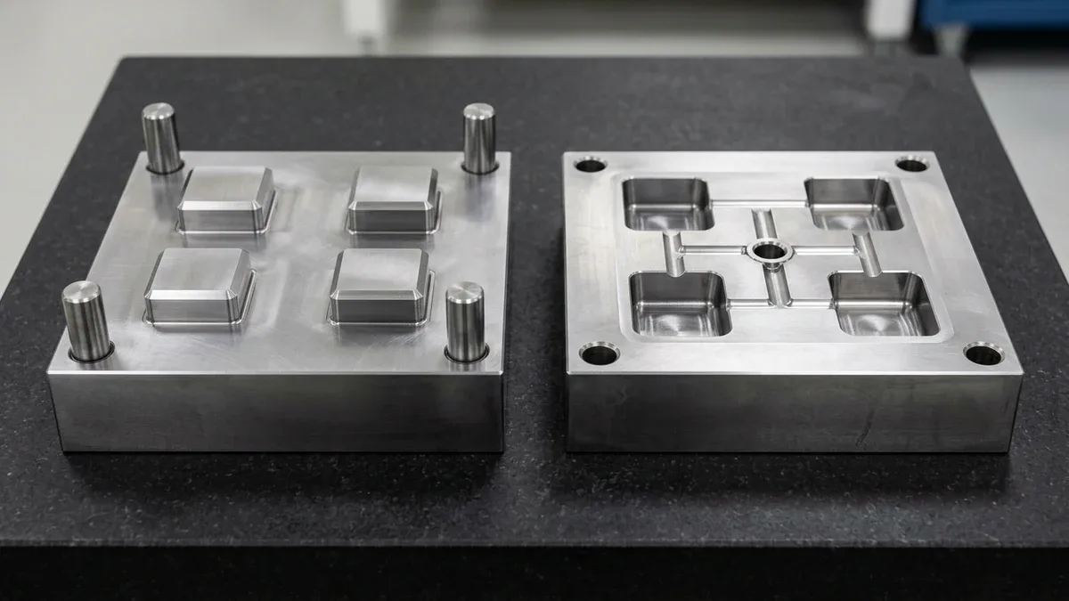 Matched hardened H13 tool steel four-cavity injection mold core and cavity blocks with balanced H-runner on granite