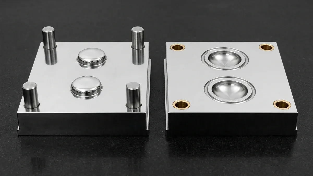 Matched mirror-polished tool steel compression mold convex core plugs and concave charge cavities with flash rings